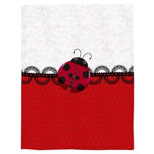 Throw Blanket Warm Soft Blanket Throws for Sofa Couch Bed, Valentine Ladybug Lace Edge Wave-Dot Texture Flannel Fleece Bed Blanket Lightweight Cozy Plush Blanket for All Seasons 50x60 Inches