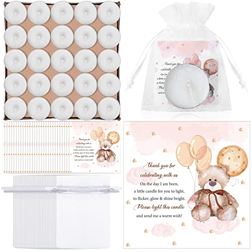 Colarr 50 Set Bear Themed Baby Shower Favors Baby Shower Tea Light Gifts for Guest, Include 50 Tea Light Candles for Guests 50 Thank You Tags and 50 Return Gift Bags for Gender Reveal Party Favors