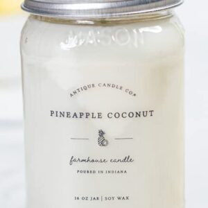 Antique Candle Co.® Pineapple Coconut 16 Ounce Soy Wax Candle, 80 Hour Burn Time, Cotton Wick, Mason Jar Candle (Pineapple Coconut)