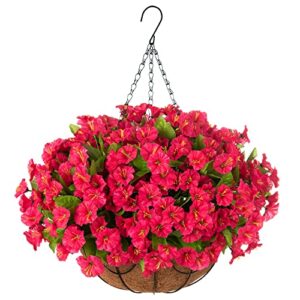 ammyoo artificial hanging flowers in basket, artificial petunias flower arrangement,12 inch coconut lining basket with morning glories fake plants for patio garden porch deck decoration(red)
