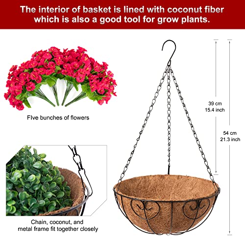 Ammyoo Artificial Hanging Flowers in Basket, Artificial Petunias Flower Arrangement,12 inch Coconut Lining Basket with Morning Glories Fake Plants for Patio Garden Porch Deck Decoration(Red)