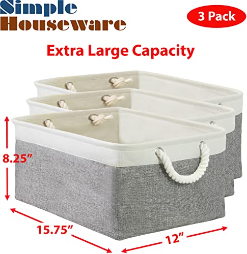 Simple Houseware 3 Pack Grey Fabric Storage Bin with Braided Handles