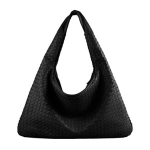 Women's Leather Handmade Woven Tote Handbag Clutches,Large Capacity Shoulder Bags Travel Bag Shopper Bag Purses Hobo Bag (Black)