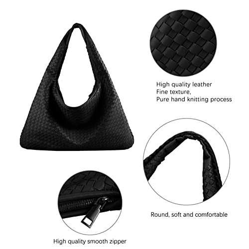 Women's Leather Handmade Woven Tote Handbag Clutches,Large Capacity Shoulder Bags Travel Bag Shopper Bag Purses Hobo Bag (Black)