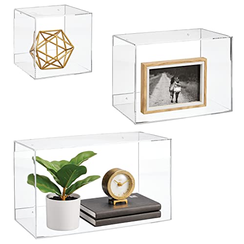 mDesign Floating Wall Mounted Shelves, Decorative Acrylic Geometric Square/Rectangle Display for Photos, Plants, Decor - Shadow Box for Bedroom, Office, Bathroom, Lexa Collection, Set of 3, Clear