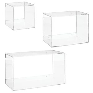 mDesign Floating Wall Mounted Shelves, Decorative Acrylic Geometric Square/Rectangle Display for Photos, Plants, Decor - Shadow Box for Bedroom, Office, Bathroom, Lexa Collection, Set of 3, Clear