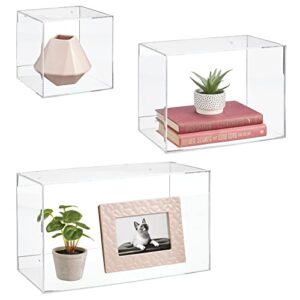 mDesign Floating Wall Mounted Shelves, Decorative Acrylic Geometric Square/Rectangle Display for Photos, Plants, Decor - Shadow Box for Bedroom, Office, Bathroom, Lexa Collection, Set of 3, Clear