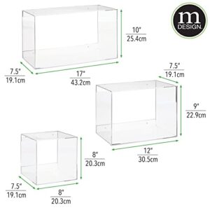 mDesign Floating Wall Mounted Shelves, Decorative Acrylic Geometric Square/Rectangle Display for Photos, Plants, Decor - Shadow Box for Bedroom, Office, Bathroom, Lexa Collection, Set of 3, Clear