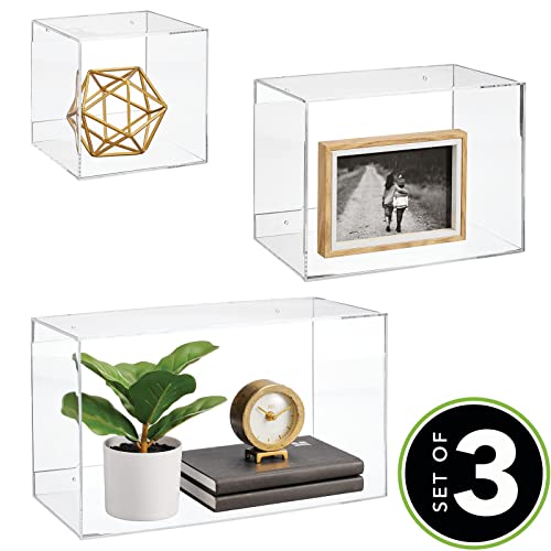 mDesign Floating Wall Mounted Shelves, Decorative Acrylic Geometric Square/Rectangle Display for Photos, Plants, Decor - Shadow Box for Bedroom, Office, Bathroom, Lexa Collection, Set of 3, Clear