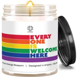 everyone is welcome here lgbtq candle – diversity decorations honey & orange blossom scented candle, lgbtq merch, gay pride candles for men women gay lesbian, birthday rainbow candles, unique gifts