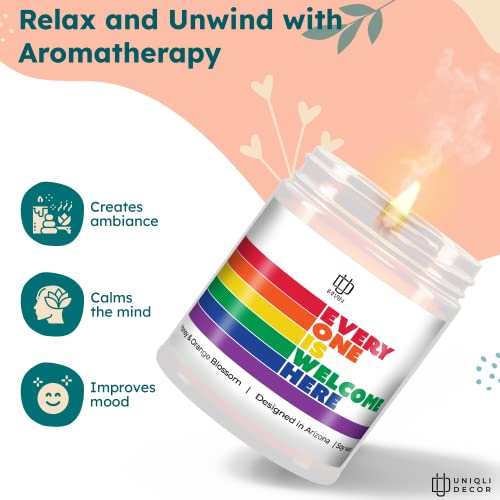 Everyone Is Welcome Here LGBTQ Candle - Diversity Decorations Honey & Orange Blossom Scented Candle, LGBTQ Merch, Gay Pride Candles for Men Women Gay Lesbian, Birthday Rainbow Candles, Unique Gifts