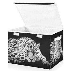 Kigai Leopard Cheetah Black Storage Basket with Lid Collapsible Storage Bin Fabric Box Closet Organizer for Home Bedroom Office 1 Pack