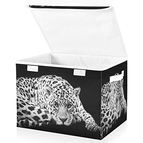 Kigai Leopard Cheetah Black Storage Basket with Lid Collapsible Storage Bin Fabric Box Closet Organizer for Home Bedroom Office 1 Pack