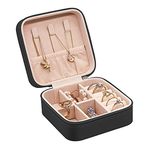 Soddeph Travel Jewelry Box, Mini Portable Organizer Travel Case with Zipper, Faux PU Leather Small Storage Boxes for Rings, Earrings, Necklaces, Bracelets, Gift for Women Girls (Square-Black)