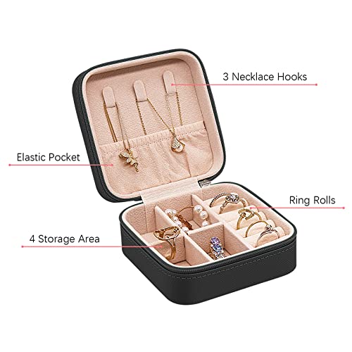 Soddeph Travel Jewelry Box, Mini Portable Organizer Travel Case with Zipper, Faux PU Leather Small Storage Boxes for Rings, Earrings, Necklaces, Bracelets, Gift for Women Girls (Square-Black)