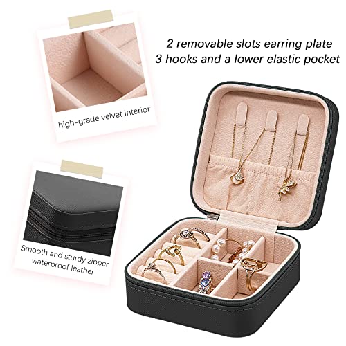 Soddeph Travel Jewelry Box, Mini Portable Organizer Travel Case with Zipper, Faux PU Leather Small Storage Boxes for Rings, Earrings, Necklaces, Bracelets, Gift for Women Girls (Square-Black)