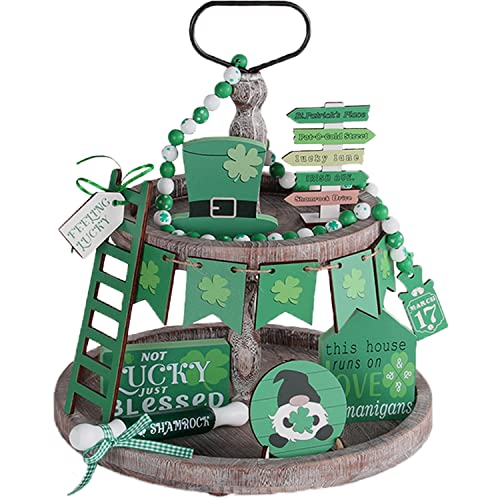 𝗦𝗧 𝗣𝗮𝘁𝗿𝗶𝗰𝗸𝘀 𝐃𝐚𝐲 Decorations, St.Patrick's Day Tiered Tray Decor, St Patricks Day Accessories Bundle Decor with Lucky Shamrock, Gnomes, Bead Garland, Leprechaun's Hat (Tray Not Included)