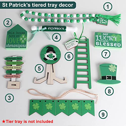 𝗦𝗧 𝗣𝗮𝘁𝗿𝗶𝗰𝗸𝘀 𝐃𝐚𝐲 Decorations, St.Patrick's Day Tiered Tray Decor, St Patricks Day Accessories Bundle Decor with Lucky Shamrock, Gnomes, Bead Garland, Leprechaun's Hat (Tray Not Included)