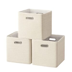 ubbcare set of 3 woven storage baskets for organizing, 11 in x 11 in x 11 in cotton rope baskets for shelves, decorative cube storage bins with metal handles for living room, beige