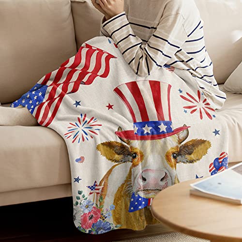 Throw Blanket Warm Soft Blanket Throws for Sofa Couch Bed, July 4th Independence Day Cow Star Flannel Fleece Bed Blanket Lightweight Cozy Plush Blanket for All Seasons 40x60 Inches