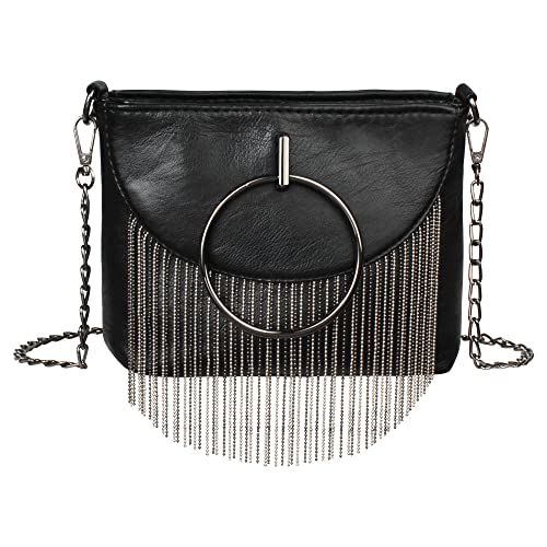 Hoce Women PU Leather Punk Shoulder Bag Rivet Tassel Purse Vintage Hobo Fringe Crossbody Bag Handbag, Pattern B