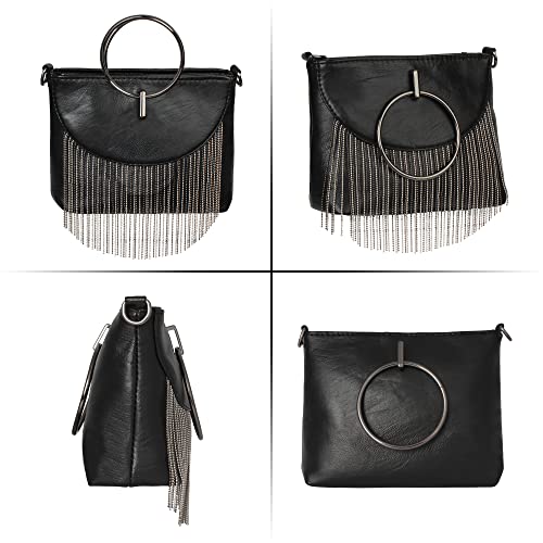 Hoce Women PU Leather Punk Shoulder Bag Rivet Tassel Purse Vintage Hobo Fringe Crossbody Bag Handbag, Pattern B