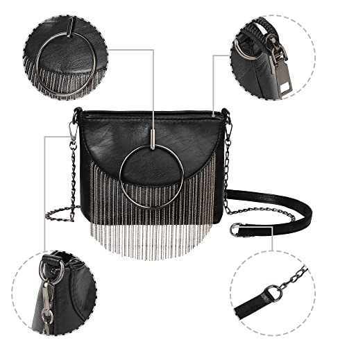 Hoce Women PU Leather Punk Shoulder Bag Rivet Tassel Purse Vintage Hobo Fringe Crossbody Bag Handbag, Pattern B