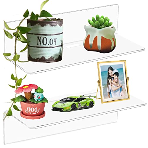 Acrylic Floating Wall Shelves Set of 2，Clear Mounted Display Organizer Shelf，Adhesive Shelf for Figures Collection Plant Photo，Small Hanging in Bedroom Living Room Kitchen Office, 8.6x3.9x2.3in