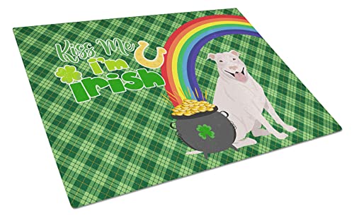 Caroline's Treasures WDK4741LCB White Pit Bull Terrier St. Patrick's Day Glass Cutting Board Large, 12H x 16W, multicolor