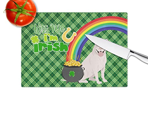 Caroline's Treasures WDK4741LCB White Pit Bull Terrier St. Patrick's Day Glass Cutting Board Large, 12H x 16W, multicolor