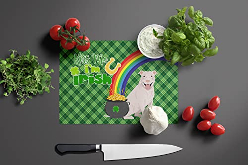 Caroline's Treasures WDK4741LCB White Pit Bull Terrier St. Patrick's Day Glass Cutting Board Large, 12H x 16W, multicolor