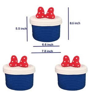 Cotton Rope Storage Basket with Lid Pack of 3 for Organizing Girl's Dream Princess Basket (Blue and White)