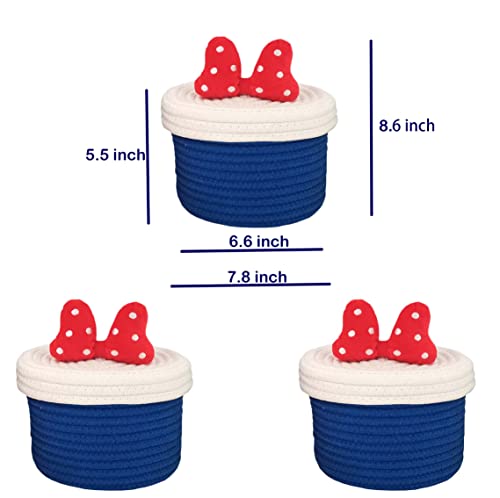 Cotton Rope Storage Basket with Lid Pack of 3 for Organizing Girl's Dream Princess Basket (Blue and White)