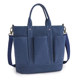 jqwygb canvas tote bag for women – large capacity multi pocket tote bag with zipper canvas shoulder handbags for school work (dark blue)