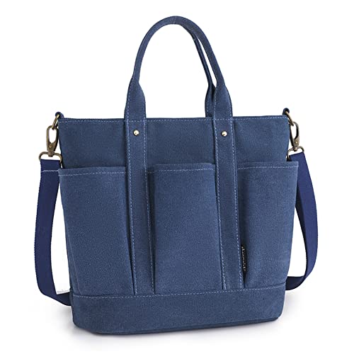 JQWYGB Canvas Tote Bag for Women - Large Capacity Multi Pocket Tote Bag with Zipper Canvas Shoulder Handbags for School Work (Dark Blue)