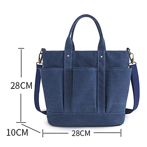 JQWYGB Canvas Tote Bag for Women - Large Capacity Multi Pocket Tote Bag with Zipper Canvas Shoulder Handbags for School Work (Dark Blue)