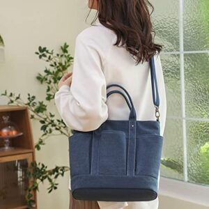JQWYGB Canvas Tote Bag for Women - Large Capacity Multi Pocket Tote Bag with Zipper Canvas Shoulder Handbags for School Work (Dark Blue)