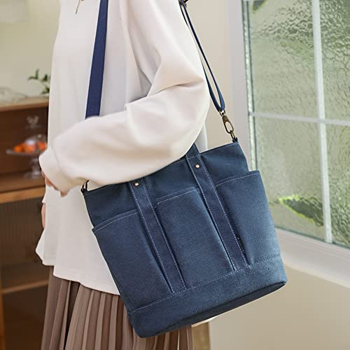 JQWYGB Canvas Tote Bag for Women - Large Capacity Multi Pocket Tote Bag with Zipper Canvas Shoulder Handbags for School Work (Dark Blue)