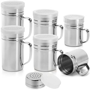 dicunoy 6 pack stainless steel dredge shaker, metal salt and pepper shaker with lid and handle, restaurant griddle seasoning spice condiment bottle container for kitchen, bbq, baking, 5oz, 7oz, 12oz