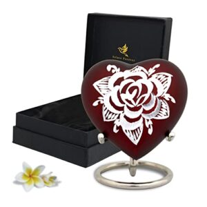 red rose keepsake urn for human ashes – holds (3 cu/in) of ashes – height 2.9″ approx. – mini heart urn with stand & box – perfect mini red urn for ashes – honor your loved one with a small urn rose