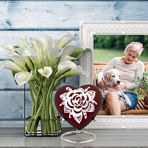 Red Rose Keepsake Urn for Human Ashes - Holds (3 Cu/in) of Ashes - Height 2.9" Approx. - Mini Heart Urn with Stand & Box - Perfect Mini Red Urn for Ashes - Honor Your Loved One with a Small Urn Rose