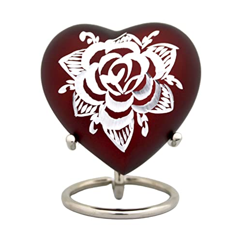 Red Rose Keepsake Urn for Human Ashes - Holds (3 Cu/in) of Ashes - Height 2.9" Approx. - Mini Heart Urn with Stand & Box - Perfect Mini Red Urn for Ashes - Honor Your Loved One with a Small Urn Rose