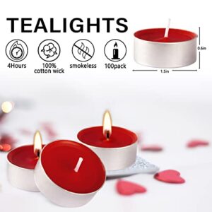 100 Packs Red Tealight Candles,Romantic Love Unscented Tea Lights Candles,Dripless & Long Lasting Smokeless Mini Tealight Candles for Mood,Romantic Decor,Pool,Dinners,Home,Wedding,Crafts(Red)