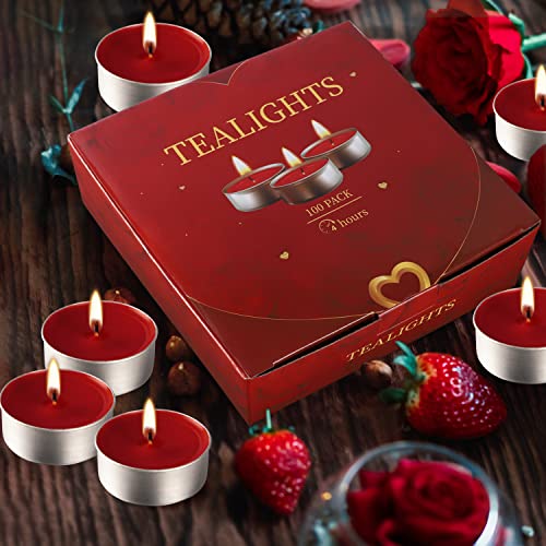 100 Packs Red Tealight Candles,Romantic Love Unscented Tea Lights Candles,Dripless & Long Lasting Smokeless Mini Tealight Candles for Mood,Romantic Decor,Pool,Dinners,Home,Wedding,Crafts(Red)