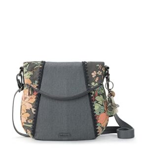 sakroots foldover crossbody bag in cotton canvas, multifunctional purse with adjustable strap & zipper pockets, charcoal flower power