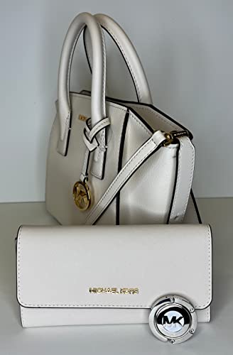 Michael Kors MICHAEL Michael Kors Avril Small Logo Top-Zip Satchel bundled with Trifold Wallet Purse Hook (Lt Cream)