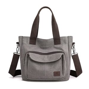 women’s canvas tote purse shoulder crossbody bag handbag multi-pocket large capacity top handle work bags(grey)