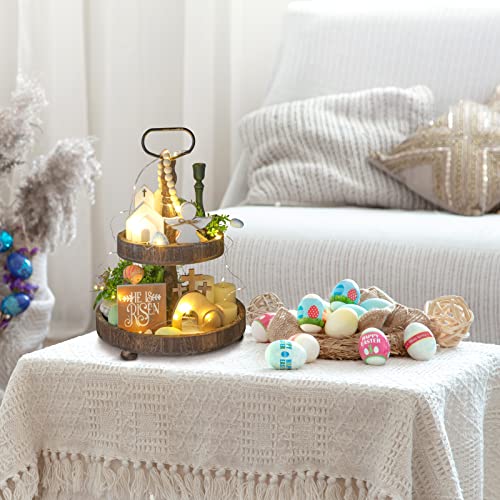 5 Pcs Jesus Tomb Easter Tray Bundle Kit with LED Fairy Lights, Wooden Easter Jesus Sign He Is Risen Resurrection Scene Nativity Christ Statue Farmhouse Easter Tiered Tray Decor for Home Church Table