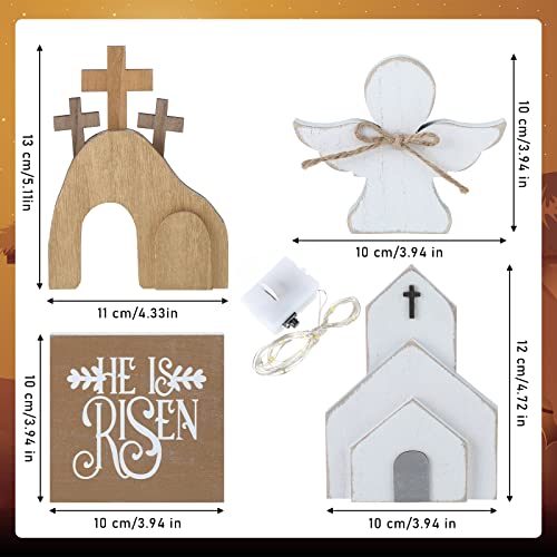5 Pcs Jesus Tomb Easter Tray Bundle Kit with LED Fairy Lights, Wooden Easter Jesus Sign He Is Risen Resurrection Scene Nativity Christ Statue Farmhouse Easter Tiered Tray Decor for Home Church Table