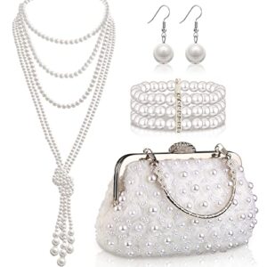 juinte 4 pcs 1920s jewelry set include vintage pearl clutch with chain faux pearl dangle earring multi strands bracelet and necklace for women girls wedding prom evening anniversary party supplies